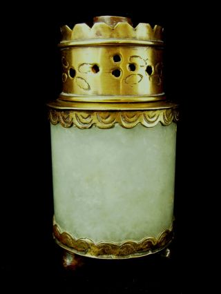 Antique Chinese Opium War Jade Jadeite Bronze Oil Lamp 19th Century photo