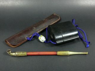 Vintage Japanese Tobacco Set Kiseru Inro Leather Pipe Case Owl Ojime Netsuke Nr photo