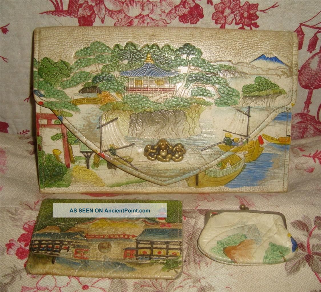 Gorgeous C1920s Japanese Painted Clutch Bag & 2 Purses Set Other photo
