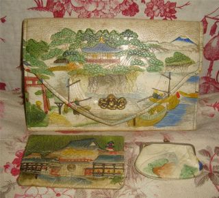 Gorgeous C1920s Japanese Painted Clutch Bag & 2 Purses Set photo