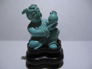 Fine Old Chinese Carved Persian Turquoise Boy Lotus Silver Inlay Stand Nr photo