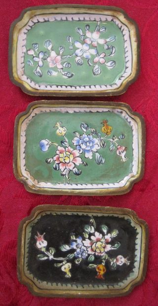 3 Vintage Chinese Small Enamel On Copper Hand Painted Pin Trays Miniature photo