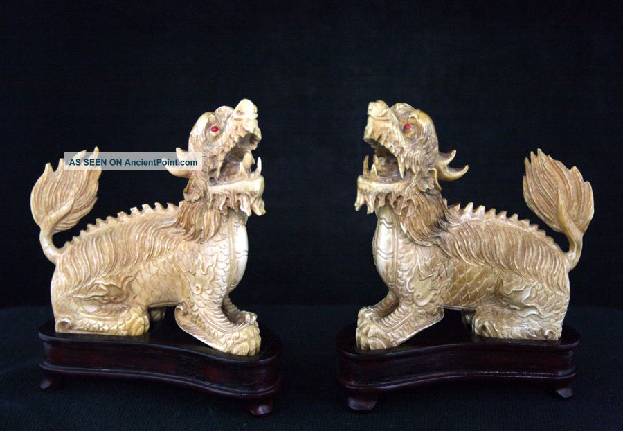 Chinese Finely Carved Ox Bone Kylin Figures Mirror Pair C19th Other photo