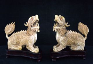 Chinese Finely Carved Ox Bone Kylin Figures Mirror Pair C19th photo