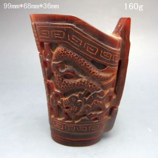 Old Antique 18 - 19th Chinese Ox Horn Carved Dragon Jiao Cup Nr/pc2267 photo