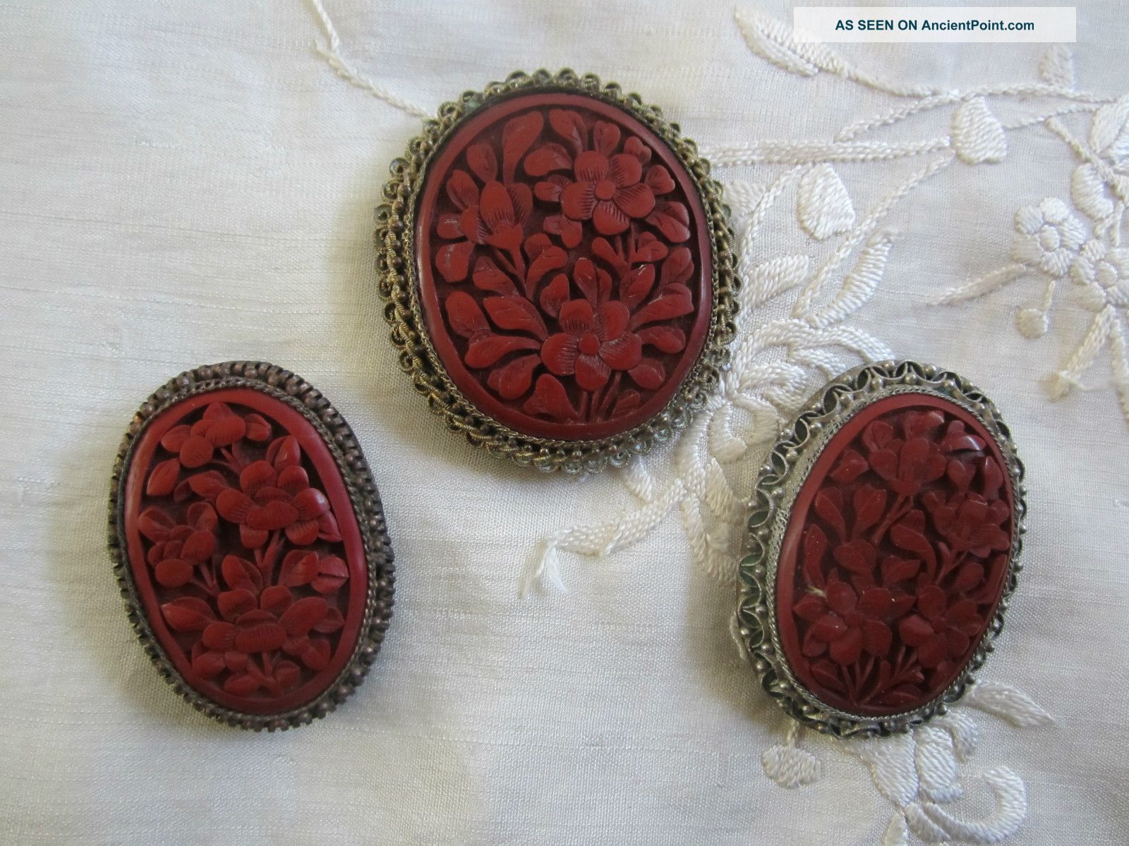 Three Antique Chinese Carved Cinnabar Dress Clips,  Filigree Settings,  One Other photo