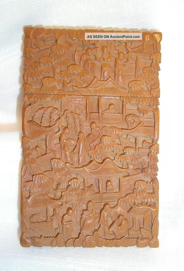 Antique 19th C.  Chinese Wood Carved Card Case Boxes photo
