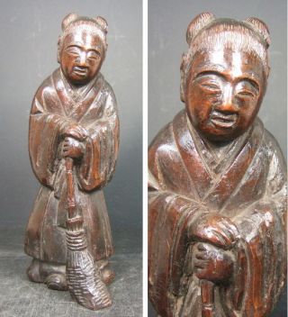 F596: Japanese Old Wood Carving Ware Hermit Statue Kanzan - Jittoku Good Work 1/2 photo