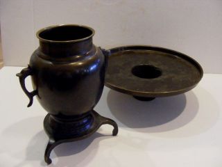 Antique Signed Chinese Bronze Censor Censer Bowl Vase Vessel Burner Pot W Stand photo