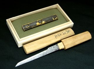 5634 Japanese Samurai Sword Edo Dojoji Zu Kozuka Handle & Signed Kogatana photo
