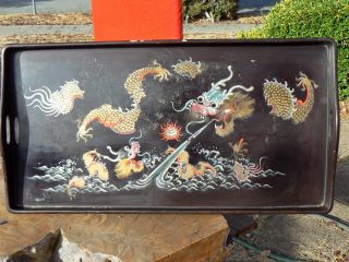 Vintage Chinese Foochou Lacquer Ware Tea Tray 2 Dragon Chasing The Pearl photo