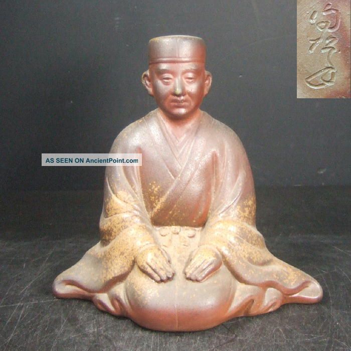 F766: Japanese Bizen Pottery Ware Great Tea Master Sen - Rikyu Statue With Sign Statues photo