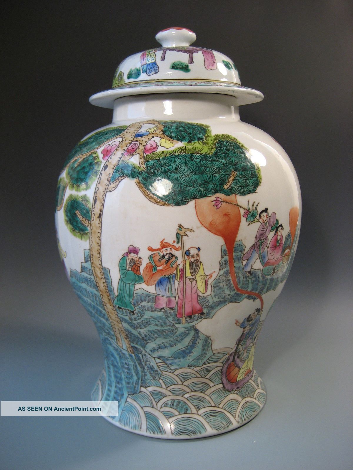 China Chinese Famille Verte Figural Decoration Lidded Vase Ca.  20th Century Vases photo