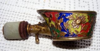 Vintage Chinese Brass Coal Pan Silk Iron Jadeite & Wooden Handle Enameled Sides photo
