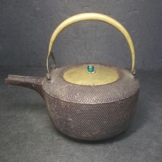 F818: Japanese Old Iron Kettle For Sake Choshi With Fine Arare.  Good Work photo