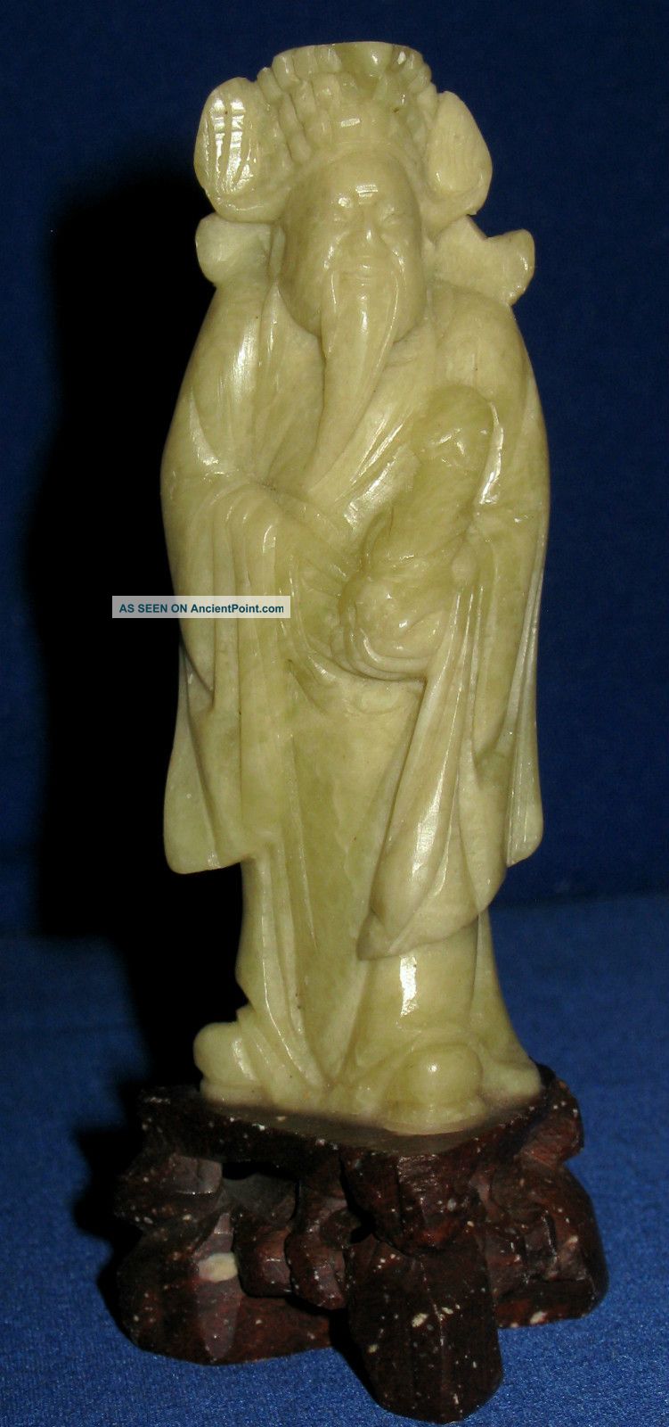 Antique 19thc Chinese Qing Hand Carved Green Hardstone Deity Figurine On Stand Other photo
