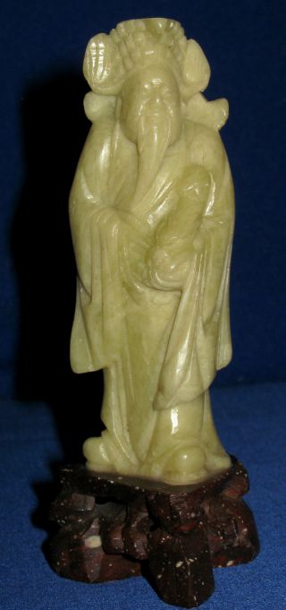 Antique 19thc Chinese Qing Hand Carved Green Hardstone Deity Figurine On Stand photo