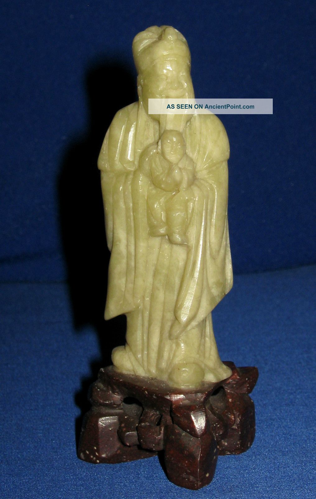 Antique 19thc Chinese Qing Hand Carved Green Hardstone Deity Figurine On Stand Other photo