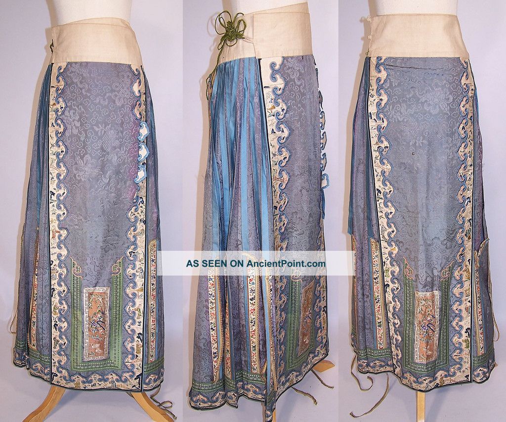 Antique Chinese Silk Embroidered Gold Couching Figural Duck Manchu Wedding Skirt Robes & Textiles photo