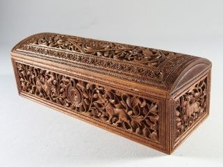 19c Anglo Indian Deeply Carved Sandalwood Domed Top Box W Birds & Beasts photo