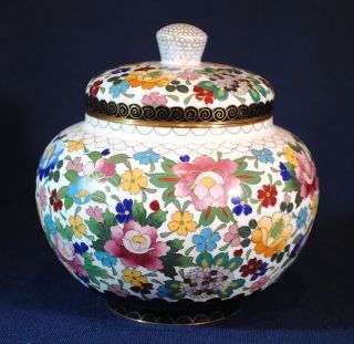 Japanese Cloisonne Covered Jar Box Or Bowl Flowers On White Background photo