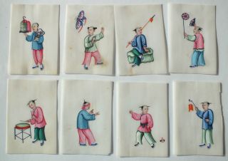 Set Of 8 Antique Chinese Pith Paintings Of Children In Box photo