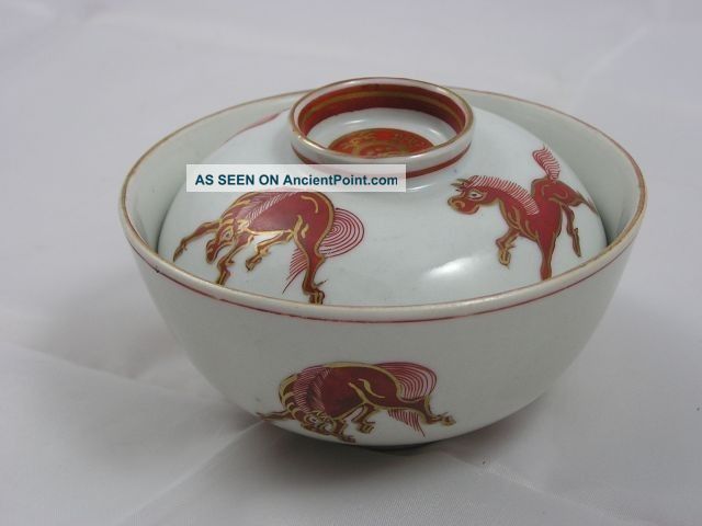 Antique Japanese Kutani Chawan With Red Horses 1920s Handpainted Nr 2761 Porcelain photo