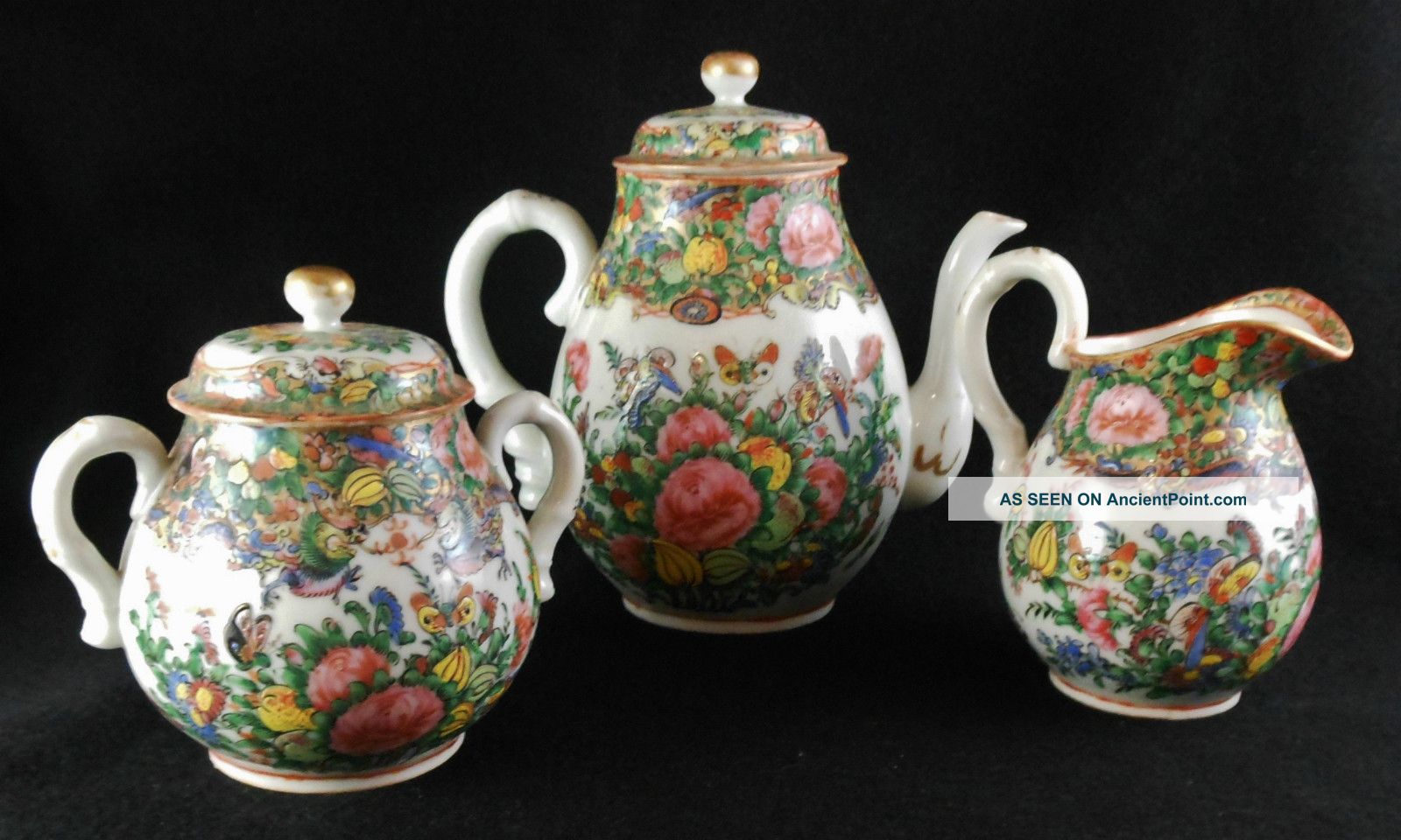 Great Antique Chinese 3 Pc.  Rose Canton Porcelain Tea Set With Butterflies Teapots photo