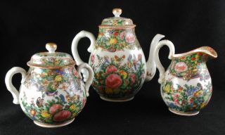 Great Antique Chinese 3 Pc.  Rose Canton Porcelain Tea Set With Butterflies photo