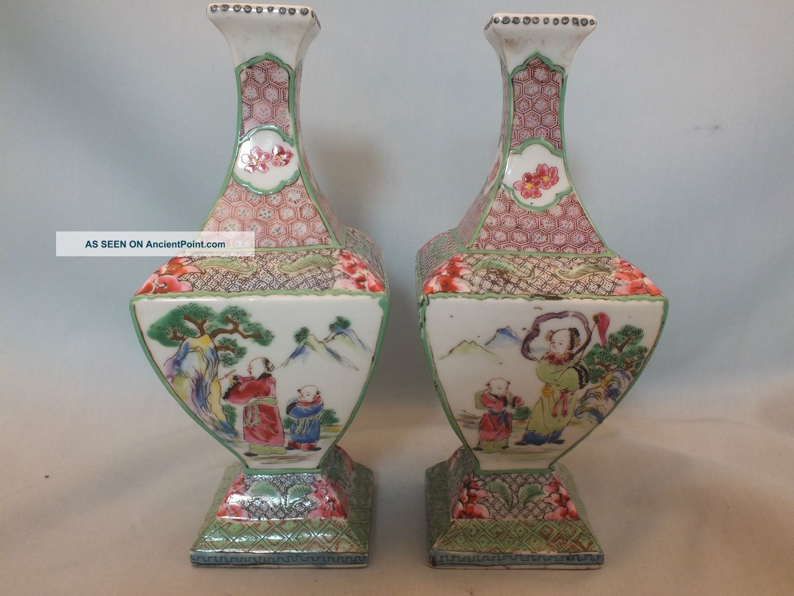 Pair Chinese Porcelain Vases Painted With Figures,  Mountains & Birds Late19thc Porcelain photo