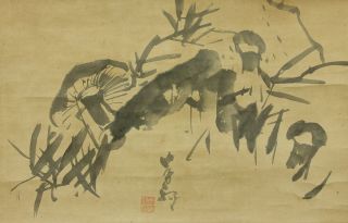 Jiku1381 Cj Japan Scroll Ganku Bamboo And Mushroom photo