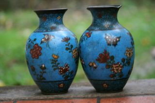 Interesting Pair Of 19th C.  Japanese Cloisonne Flower & Insect Decorated Vases photo