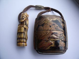 Japanese Gilt And Black Lacquer Inro With Ojime And Netsuke 19 Century photo