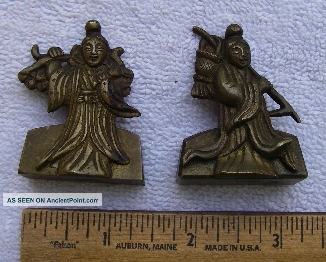 Pair Old Chinese Export Brass Place Card Holders - Figural Fronts - Nr Other photo