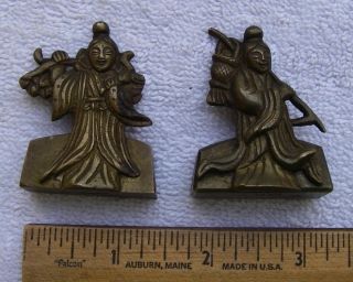 Pair Old Chinese Export Brass Place Card Holders - Figural Fronts - Nr photo
