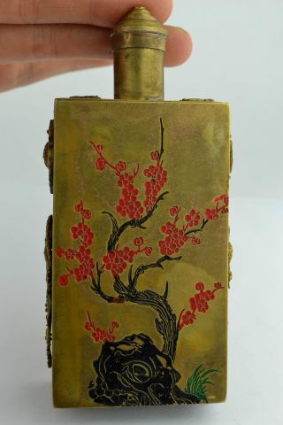 China Rare Collectibles Old Handwork Copper Plum Blossom & Bomboo Snuff Bottle photo