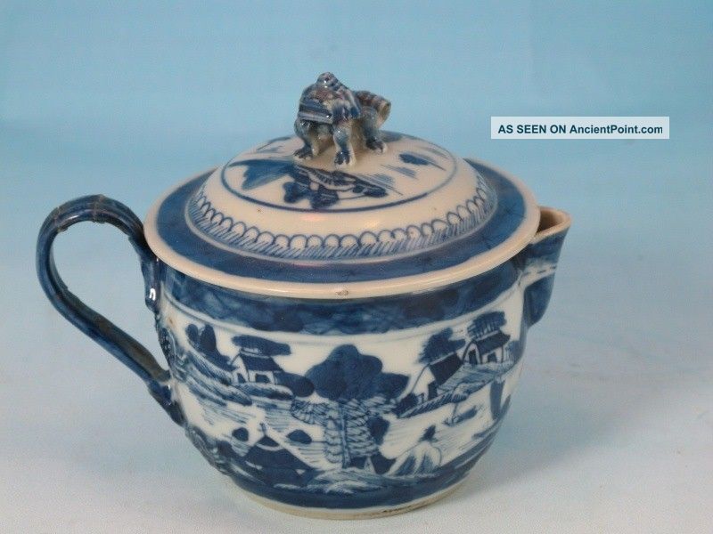 Antique 19th Century Chinese Export Canton Blue & White Cider Jug Teapots photo