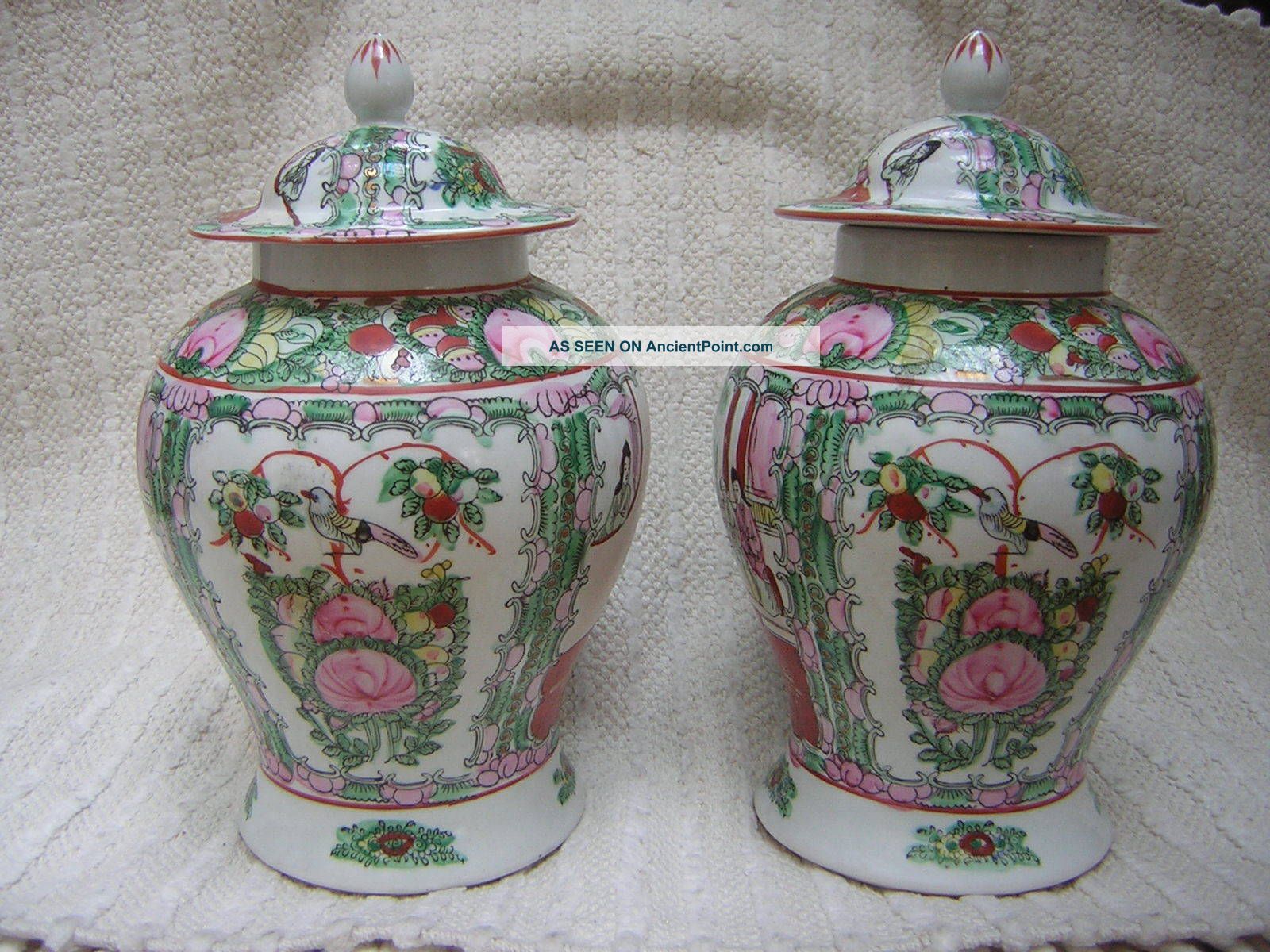 Pair Chinese Export Canton Porcelain Lidded Vase Jar Urn Tall 10 