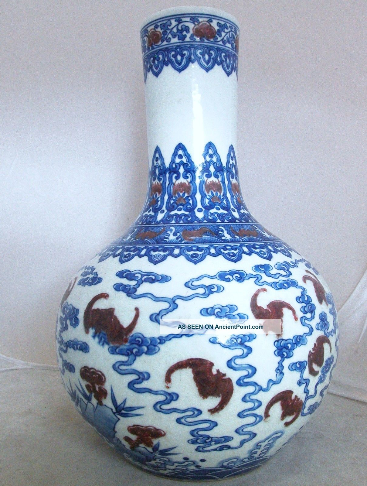 12 5 Chinese Porcelain Blue White Vase W Iron Red Bats 6