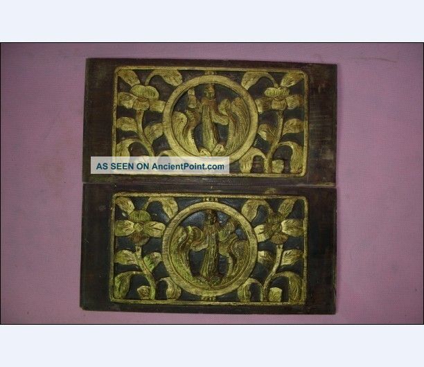 Pair Of Antique Chinese Gold Gilt Wood Panel With Opera Characters Other photo