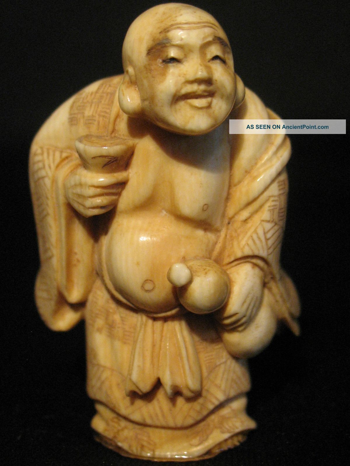 Antique Japanese 象牙 Ox Bone Okimono Figure Buddha W.  A Gourd & A Cup,  Signed Netsuke photo