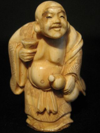 Antique Japanese 象牙 Ox Bone Okimono Figure Buddha W.  A Gourd & A Cup,  Signed photo