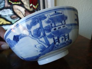 18thc Nanking Qianlong Blue & White Pagoda Large Bowl / Punch Bowl photo