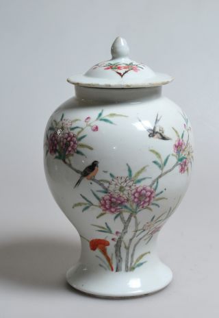 19thc Signed Antique Chinese Hand Painted Porcelain Vase W Lid Urn Bird Scenes photo