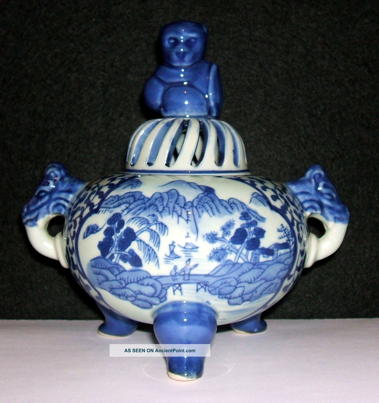 Chinese Blue And White Celadon Tripod Censer Incense Burner Qianlong Mark Porcelain photo