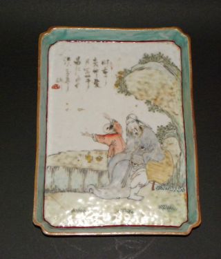 Fine Antique Chinese Famille Verte Enameled Porcelain Tray Plate Figural Signed photo