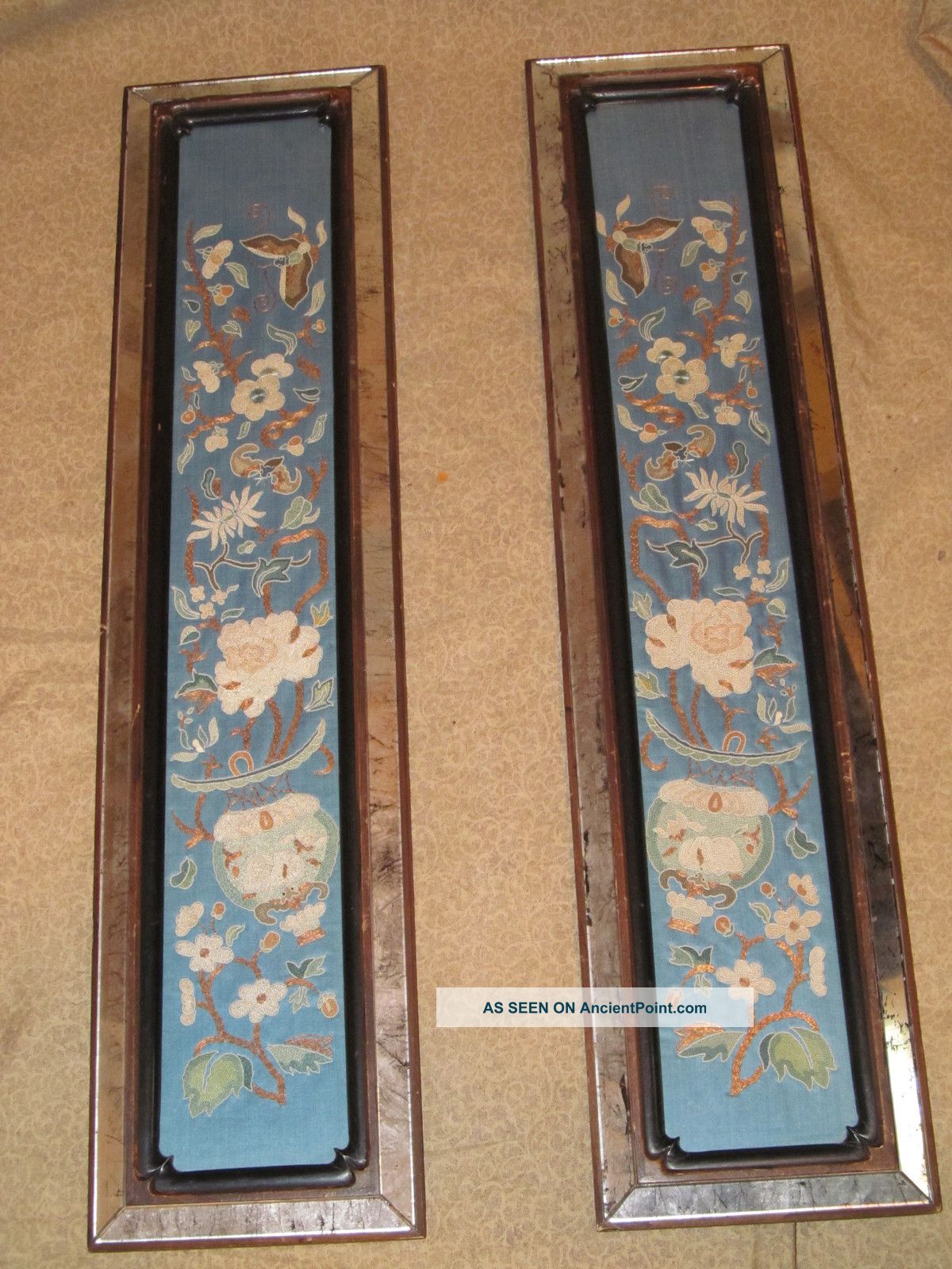 Pair Antique Chinese Silk Needlework Panels With Later Mirrored Frames Robes & Textiles photo