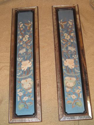 Pair Antique Chinese Silk Needlework Panels With Later Mirrored Frames photo