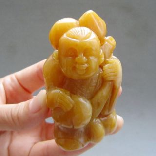 180g Fine Chinese Yellow Dragon Jade Carved China Doll Peach Statue photo