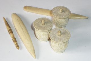 Antique Chinese Faux Ivory Sewing Thread Holders Bobbins & Collection Fids Etc photo